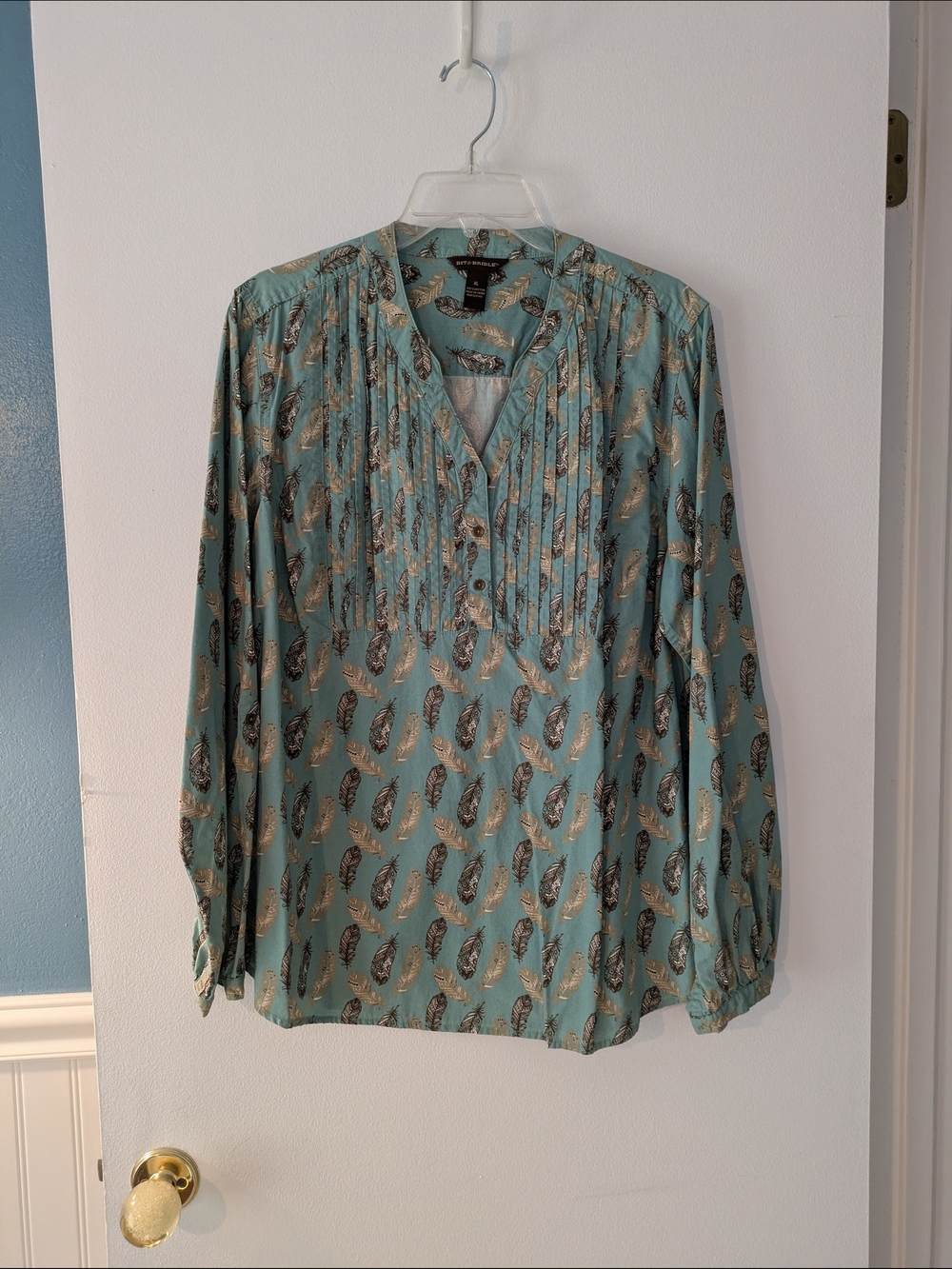 Bit & Bridle Teal Feather-Print Pintuck Blouse